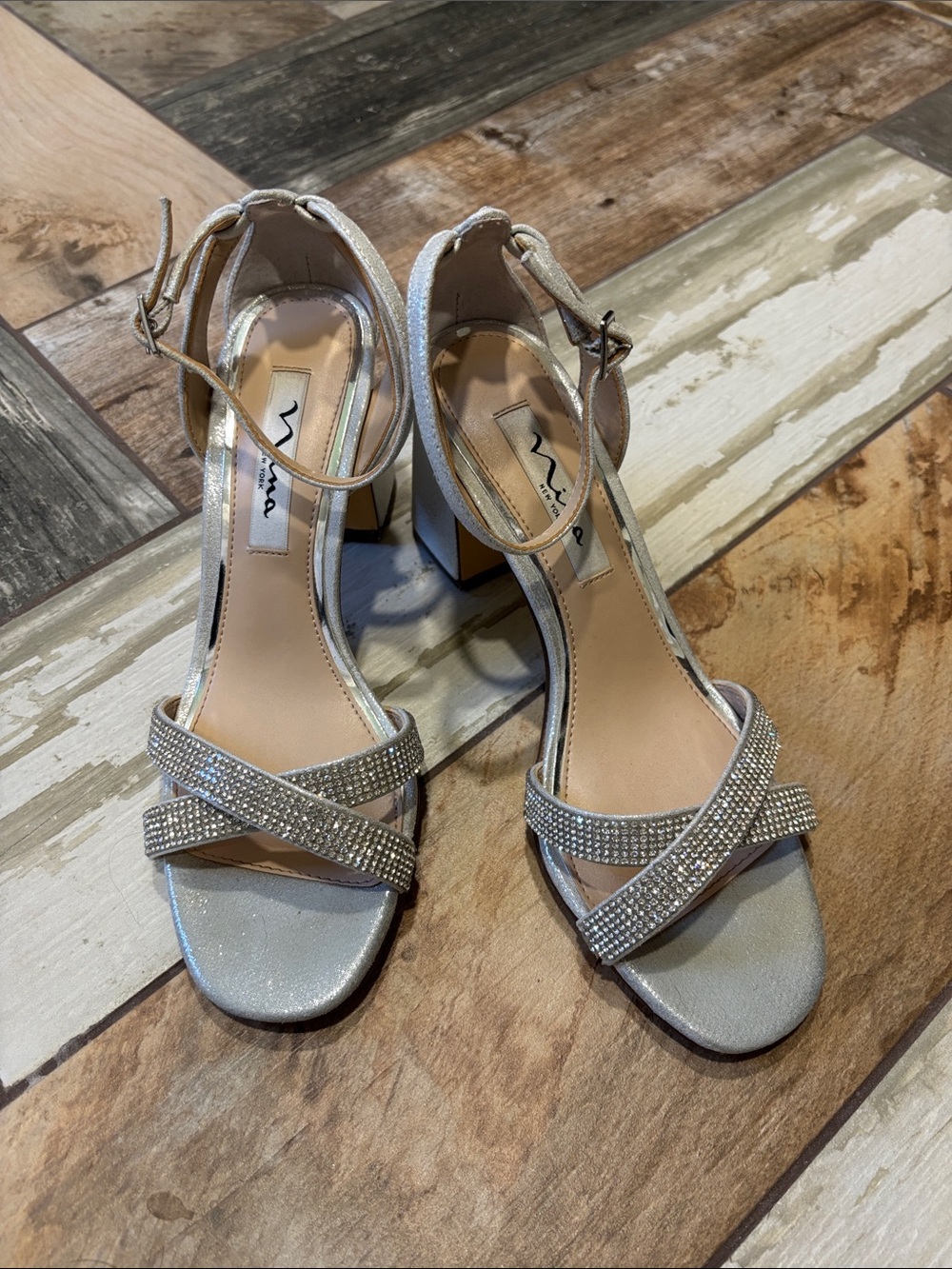 Nina Silver Rhinestone Crisscross Ankle-Strap Block Heels